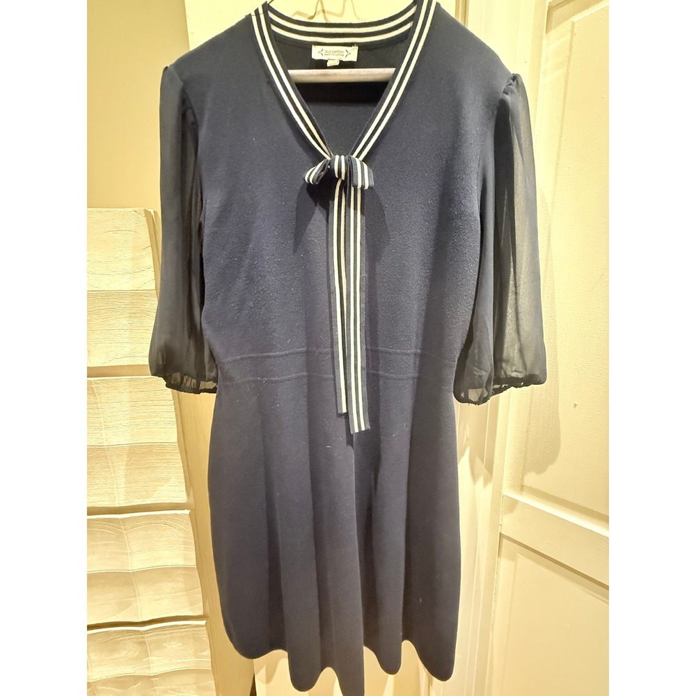 Nanette Nanette Lepore Navy Blue Knit Dress Sheer Puff Sleeve Bow V-Neck Large